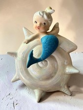 Vintage Ceramic LEFTON Mermaid Wall Plaque on Shell Pearlized Cute 🩱 picture