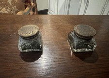 Antique Victorian Crystal Glass Ink Pots with Gold Patterned Lids picture