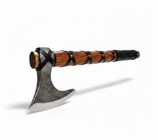 Custom Forged Viking  Axe, Damascus Steel Blade, Rose Wood leather wrap Handle. picture