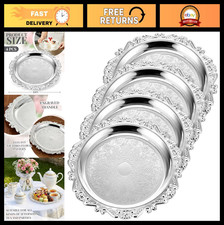 Set of 4 Vintage Floral Silver Serving Trays - 10 Inch Round Metal Platters picture