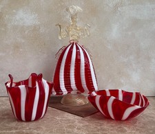 VINTAGE MURANO CANDY STRIPE 3 PC SET FIGURINE & BOWLS RED WHITE GOLD FLECK  picture
