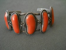 Native American Navajo Orange-Peach Color Branch Coral Row Sterl Silver Bracelet picture