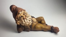 Vintage 1970s Reclining Garden Gnome Signed Hand Painted Ceramic Brown 12