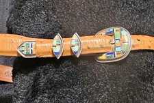John Allen Woodward Ostrich Belt Signed SW Sterling Silver Micro Mosaic... picture