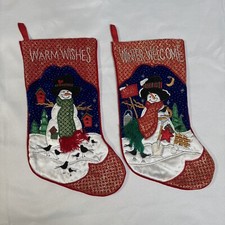Christmas Stocking Warm Wishes Winter Welcome Snowman Embroidered Birds Metallic picture