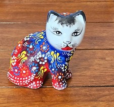 Vintage Hand-Painted Albanian Ceramic Cat - Colorful Relief Pottery Figurine picture