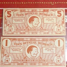 Tim's Official Store Red & White Advertising Scrip Notes 1 One & 5 Five picture