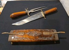 Vintage Indian Carving Knife and Fork set wooden carved wood and brass trim picture