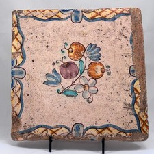 Vintage Hand Painted Faience Ceramic Tile Fruits Floral Folk Art 8.5 Inch Square picture