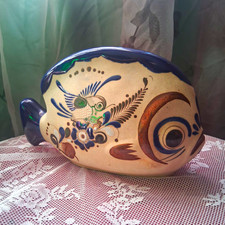 VTG Tonala Mexican Pottery Fish Figurine Hand Painted Folk Art Signed Mexico picture