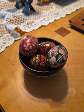 Vintage Hand Painted Lacquered Pysanky Ukrainian Folk Art 4 Wooden  Eggs & Bowl picture