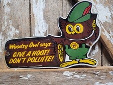 VINTAGE WOODSY OWL PORCELAIN SIGN OLD FOREST SERVICE PARK SMOKEY DONT POLLUTE picture