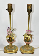 Vtg AS-IS French Style Pair Set Boudoir Candlestick Lamps Porcelain Flower 13.5