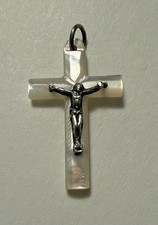 Antique French Religious Mother Of Pearl Cross Crucifix Silver Tone Jesus picture