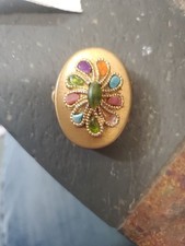 Vintage Gold Tone Floral Pill Box with Multi-Colored Faux Stones picture
