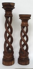 Vintage Hand-Carved Wood Open-Barley Twist Candlesticks ~ Set Of 2 picture