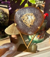Fine Sugar Amethyst Geode with Gold Stand, Pale Blue Crystal Display picture