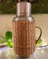 VTG 1960s Woven Rattan Bamboo Insulated Thermos Cup Glass Interior *missing lid picture