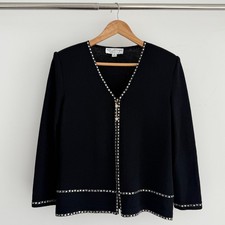 St John Evening Jacket 8 Black Santana Knit Rhinestone Crystal Zip Wool Blend picture