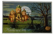 Embossed Antique Halloween Postcard – 3 Jack O’ Lanterns on Fence – Moonlit Scen picture