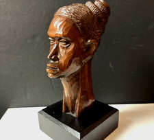 Vintage Hand Carved African Head On Black Base block 6 1/2
