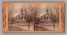 Antique c. 1870s Real Photo Stereoview Card - New England Church & Spire, Sepia picture