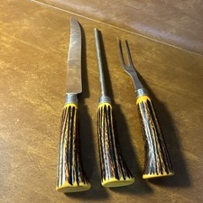 Bakelite Carving Set Sheffield England Stainless Faux Horn Vintage 3 Piece 13” picture