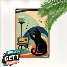 Mid Century Musical Cat Illustration Vintage Retro Harmony Metal Tin Sign picture