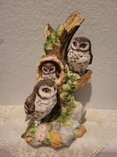 Vintage Owl Family Figurine Mamma Dad and Baby  On A Branch Bisque Porcelain  picture