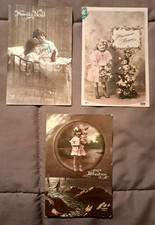 Antique lot of 3 REAL PHOTO POSTCARDS, LITTLE GIRLS, doll, pink ribbons, FRENCH picture