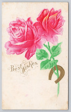 Vintage Best Wishes Postcard Pink Roses Good Luck Horseshoe New York Jones picture