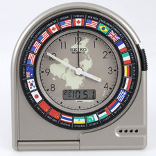 SEIKO QU907F Quartz World Time Alarm Clock w/ Digital World Time & Flag Bezel picture