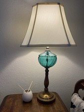 Vintage Mid-Century Modern Blenko Style teal blue glass wood & brass table lamp picture
