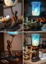 Rare Vintage Art Nouveau Bronze Mermaid Lamp With Custom Curated Glass Shade picture