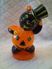 VTG 50s Halloween ROSBRO TICO Plastic CAT TOP HAT Pumpkin Body JOL Candy Holder picture