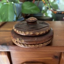 Vintage Hand Carved Wooden Trinket Box W/Lid Round Rustic Folk Art Tramp Art Jar picture