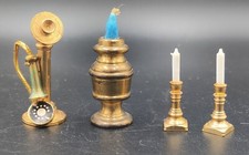 Vintage Brass Dollhouse Candlesticks Miniature + Old Fashioned Phone 4pc lot  picture