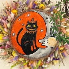Halloween Anthropomorphic VINTAGE STYLE Moon Cat Acrylic Sign Wall Decor 8