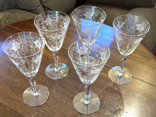 Fostoria Crystal Woodland Etched 5 Wine Glasses/Water Goblets 100 Years Old #264 picture