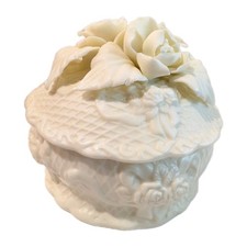 Vintage White Bisque Porcelain Round Trinket Jewelry Box 3D Roses Floral Basket picture