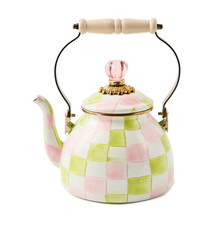 MacKenzie-Childs Palm Beach Check 2 Quart Tea Kettle Pink Green Enamel Stove Top picture