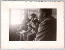 Vtg B&W Snapshot Three Young Men Drinking Eating Snacks Train Interior Window picture