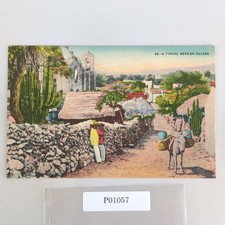 A Typical Mexican Village 1940s Linen Postcard Donkey People Daily Life Mexico picture