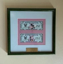 RARE 1987 Disney Dollars First Day Issue Framed $1 $5 Low Serial Mickey Goofy  picture