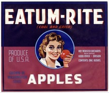 EATUM-RITE~ORIGINAL 1940s HOOD RIVER OREGON & WASHINGTON APPLE FRUIT CRATE LABEL picture