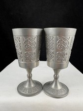 Vintage Mullingar Pewter Bealin Goblets Pair Ireland Celtic Owl Metalware picture