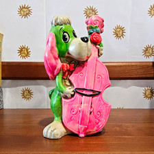Vintage Chalkware Green Dog Pink Cello Coin Bank 1967  picture