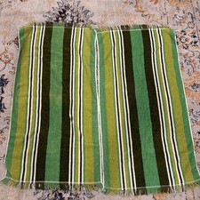 Vtg 70s Green Striped bath Towel Set Fringed Cotton Terry Retro 2pc 22x42 picture