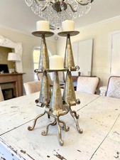 3pc Vintage Gothic Tiered Candle Holder Set, Brutalist Gold Leaf Mixed Metal picture