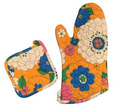 Vintage 70s Mod Floral Oven Mitt + Pot Holder Unused Retro Kitchen Collectible picture